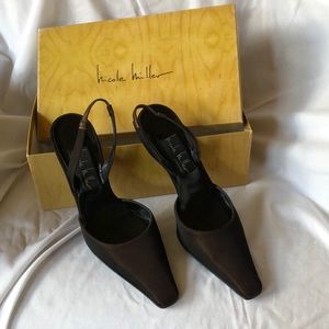 Chocolate brown Nicole Miller satin sling backs